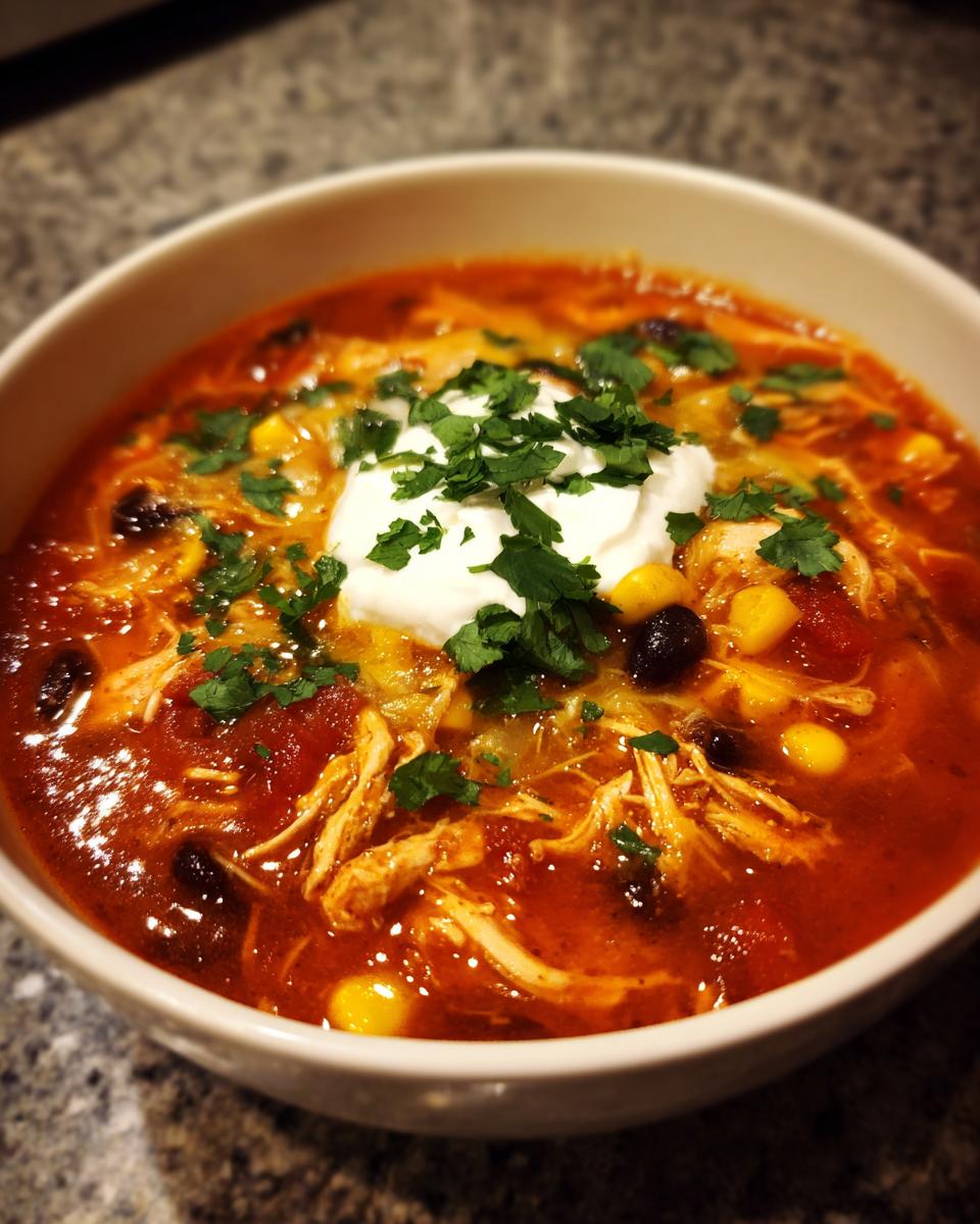 Close-up of a steaming bowl of chicken taco soup topped with sour cream, cheese, and cilantro.