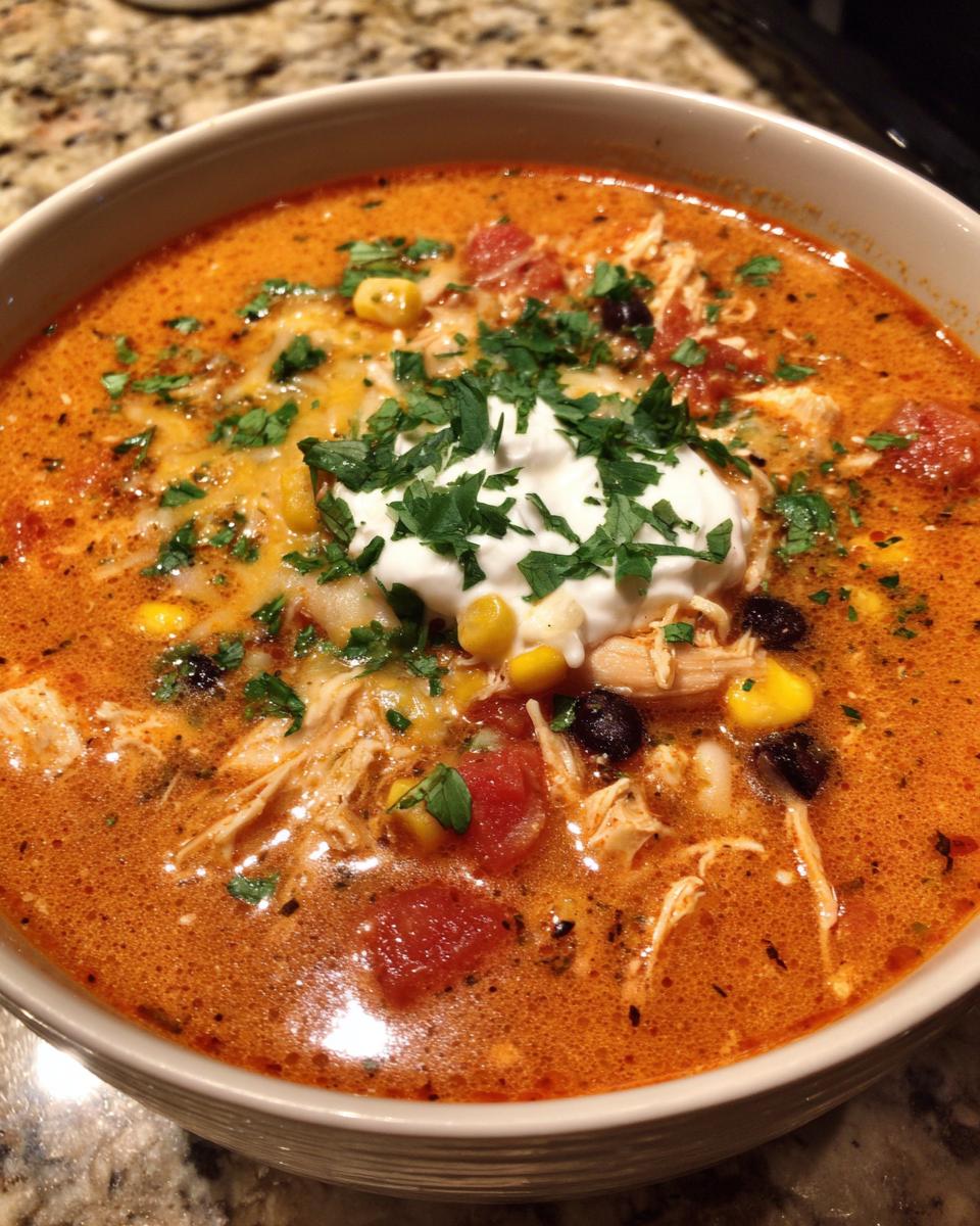 Close-up of a bowl of rich, orange-hued chicken taco soup topped with sour cream, cheese, and cilantro.