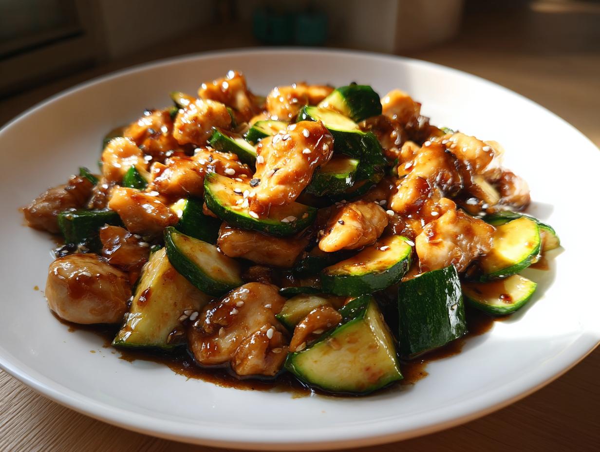 Close-up of a vibrant chicken zucchini stir fry coated in a glossy brown sauce and sprinkled with sesame seeds.