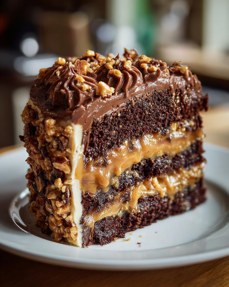 A decadent slice of chocolate caramel toffee crunch cake showing layers of dark cake, caramel, and frosting.