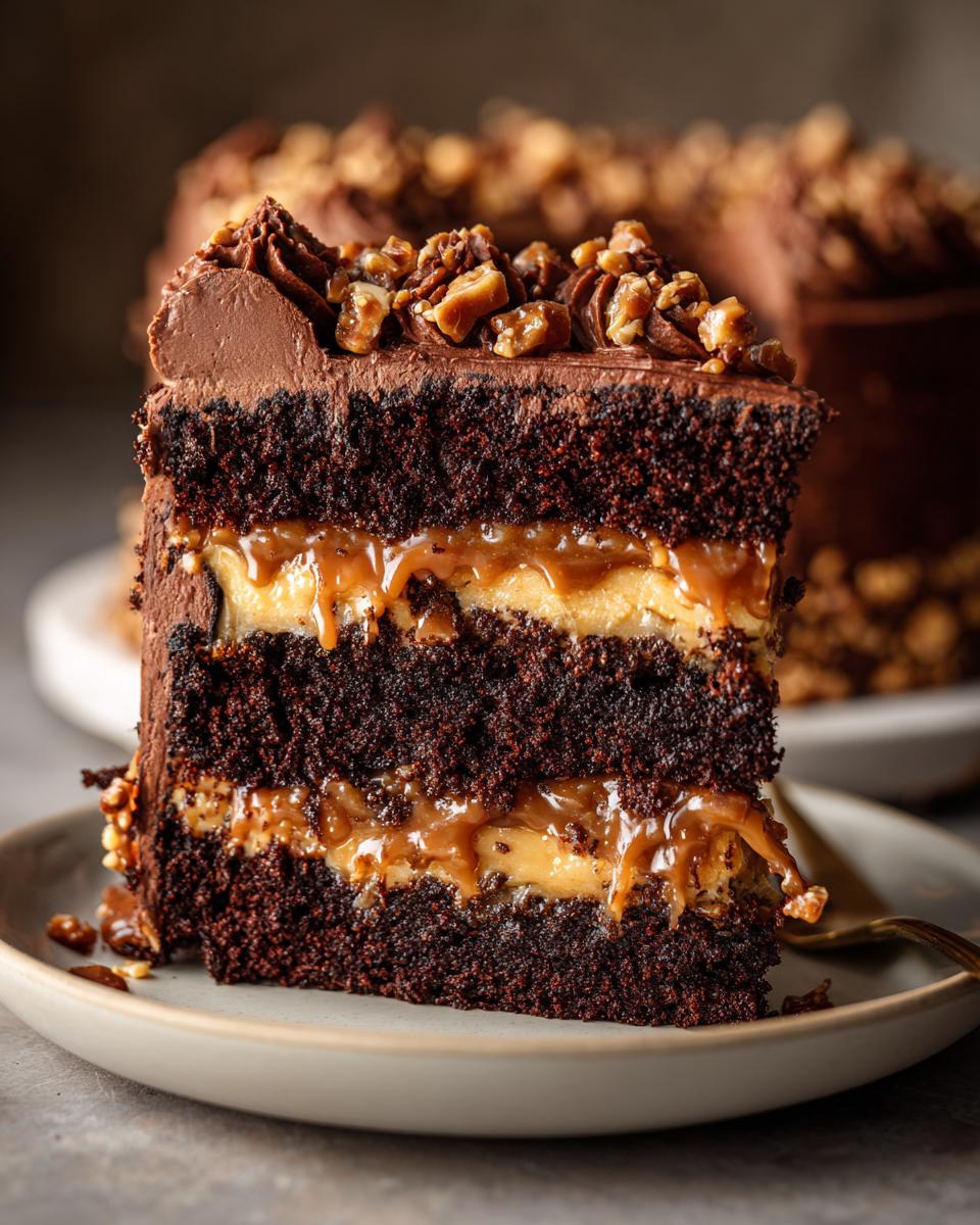 A decadent slice of chocolate caramel toffee crunch cake showing four layers of dark cake and gooey caramel filling.
