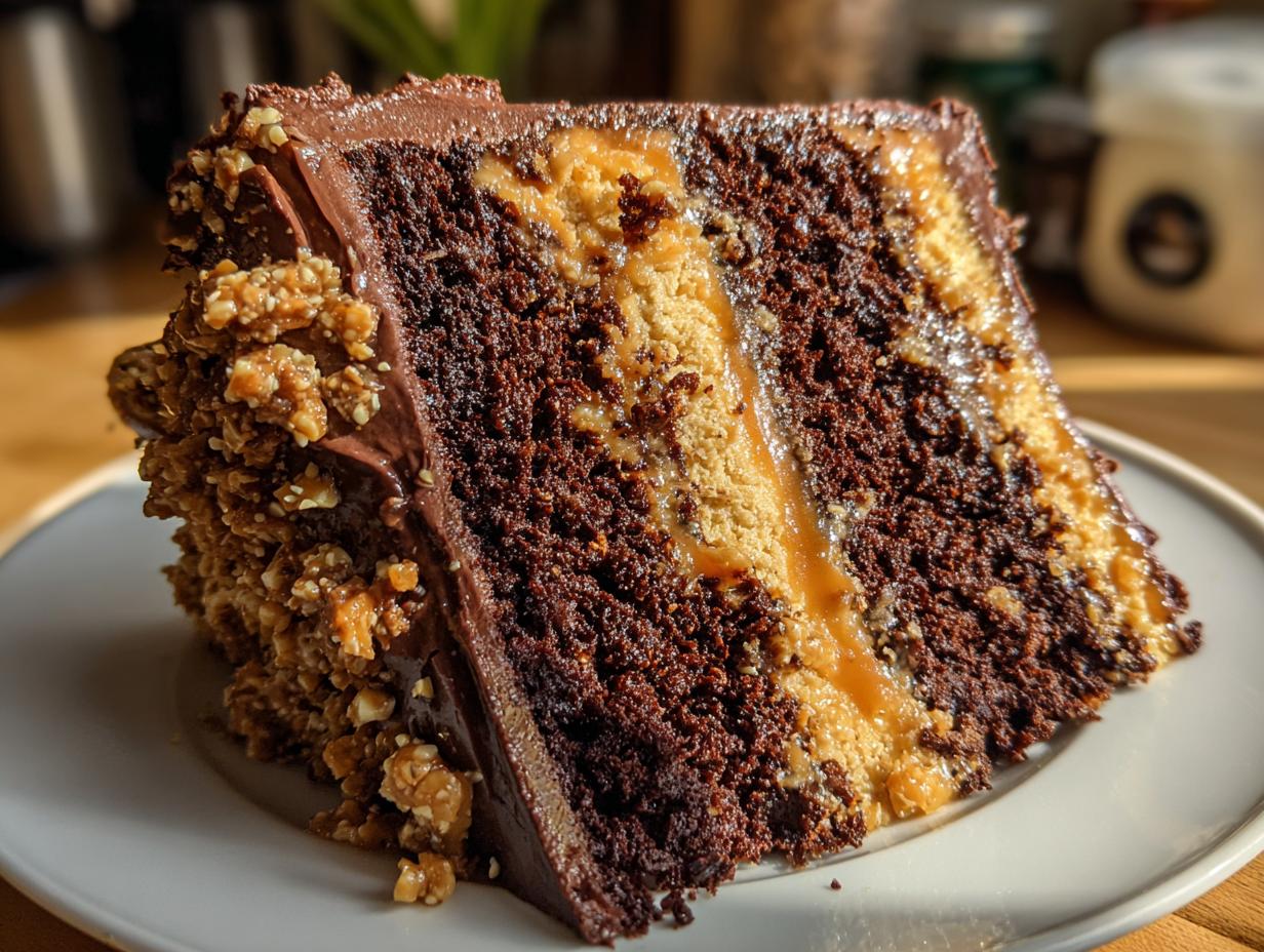 Close-up of a rich slice of chocolate caramel toffee crunch cake showing dark layers, caramel filling, and crunchy topping.
