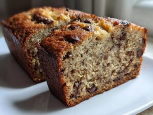 Cross-section view of two rich, moist mini banana bread loaves studded with chocolate chips.