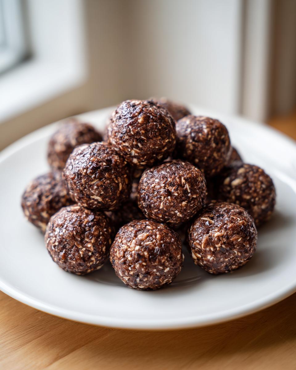 A close-up of a mound of dark chocolate coconut protein balls stacked on a white plate.