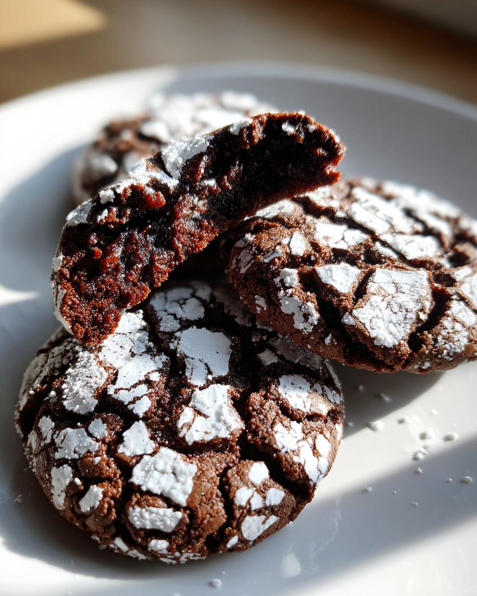 Close-up of rich, dark chocolate crinkle cookies dusted heavily with powdered sugar, one cookie broken open showing the soft interior.