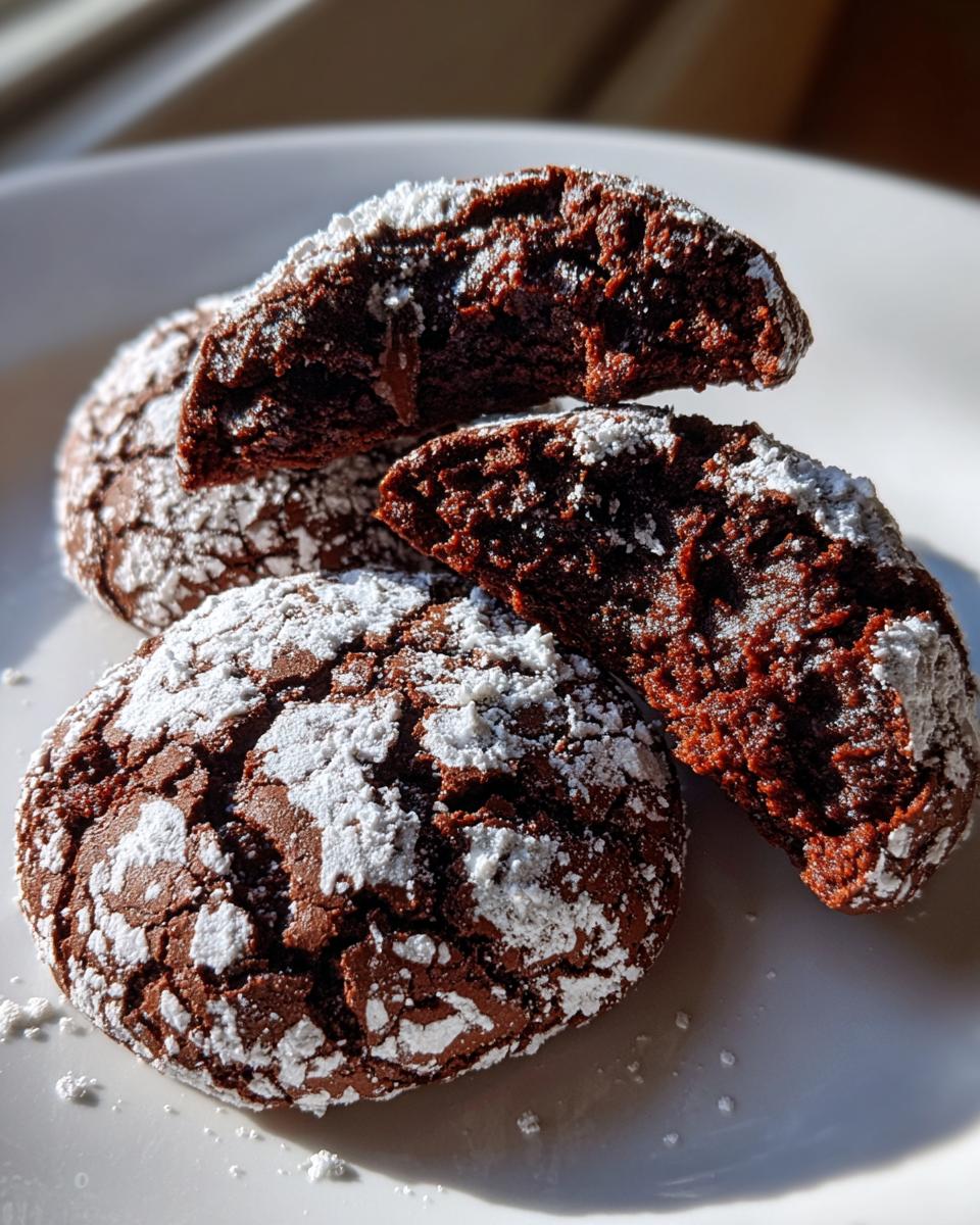 Three rich, dark chocolate crinkle cookies dusted heavily with powdered sugar, one cookie is broken in half showing the fudgy interior.