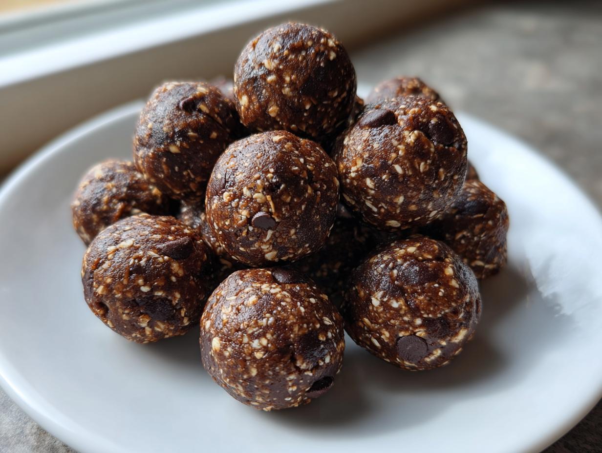 A close-up stack of dark chocolate protein balls mixed with visible oats and mini chocolate chips, served on a white plate.