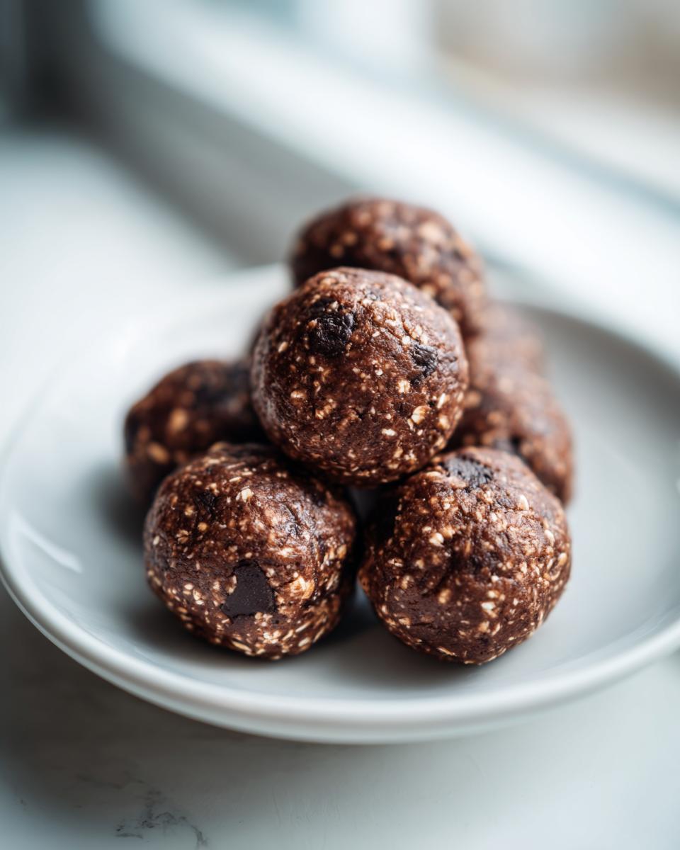A close-up stack of dark chocolate protein balls speckled with oats, resting on a small white plate.