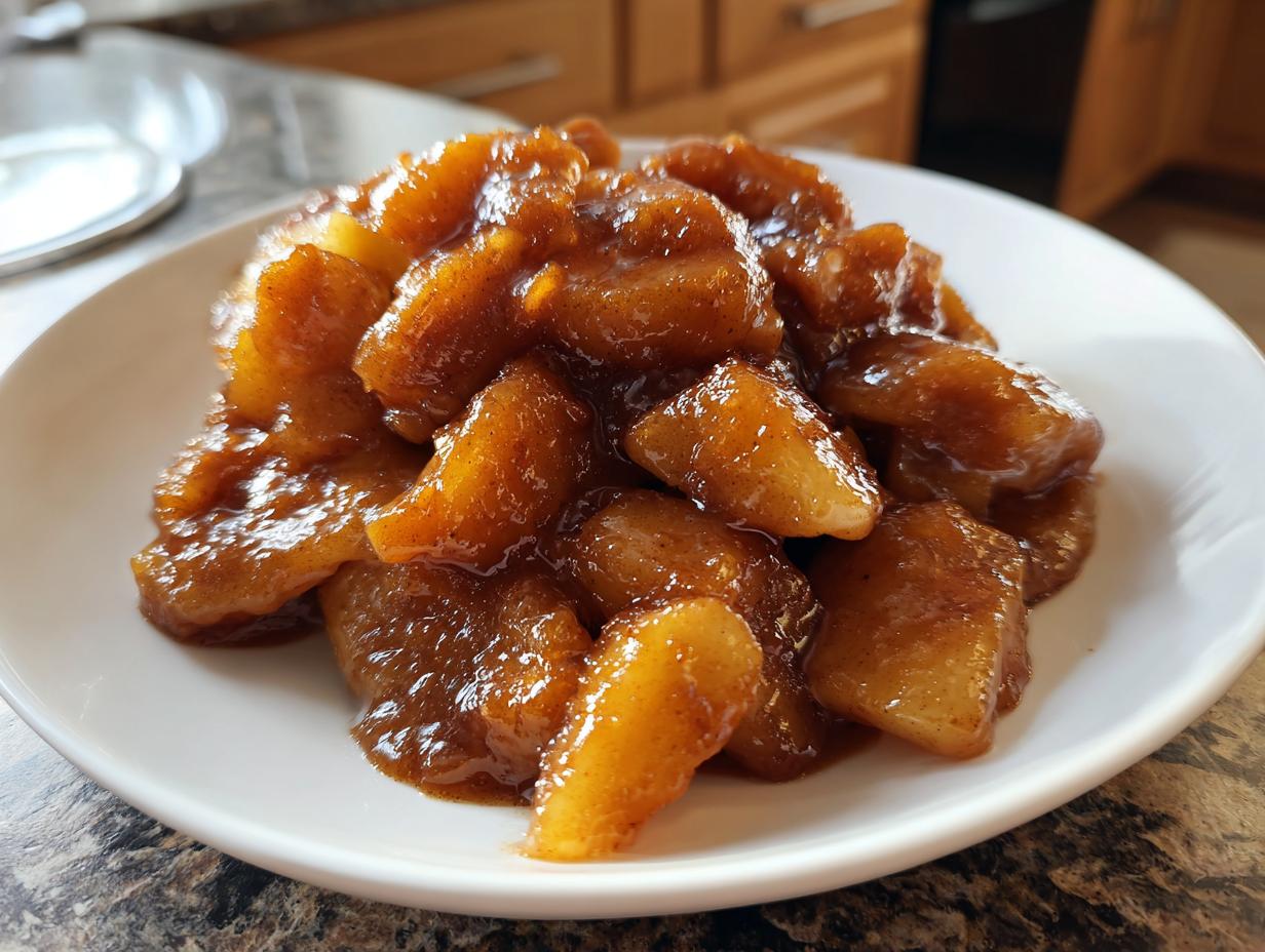 Close-up of rich, caramelized apple pie filling coated in cinnamon sauce served on a white plate.