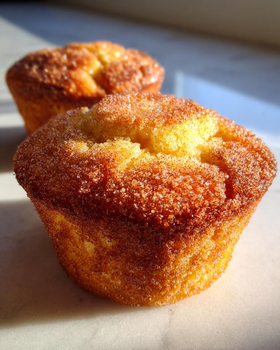 Close-up of two fluffy cinnamon sugar french toast muffins with a sparkling sugar crust.