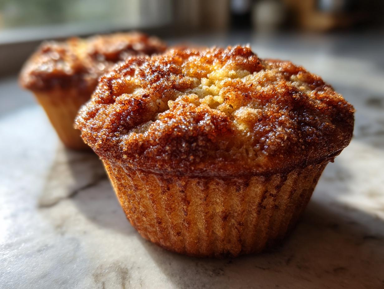 Close-up of a perfectly baked cinnamon sugar french toast muffin with a crunchy, sugary top.