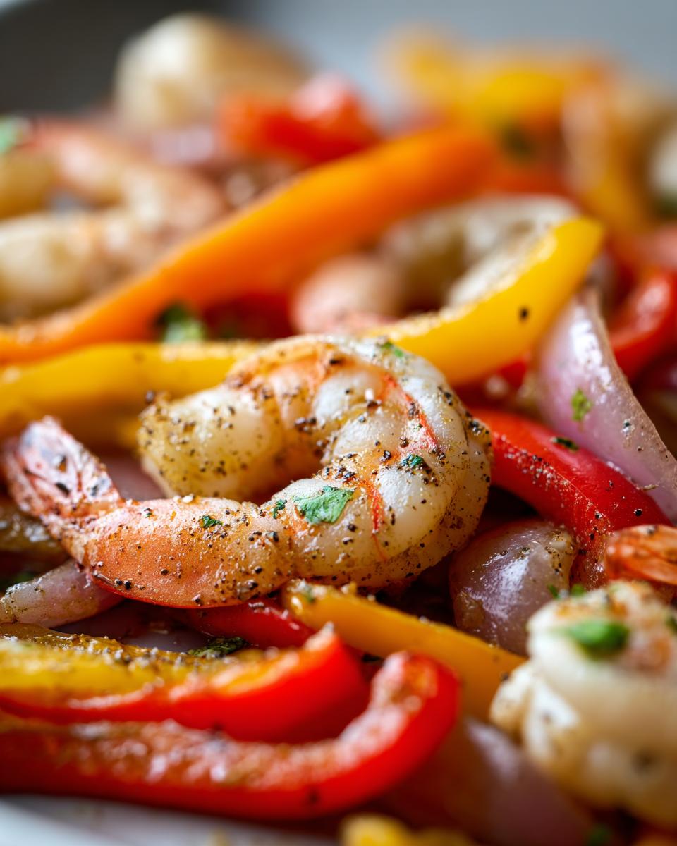 Close-up of perfectly cooked shrimp fajitas featuring seasoned shrimp, red and yellow bell peppers, and onions.