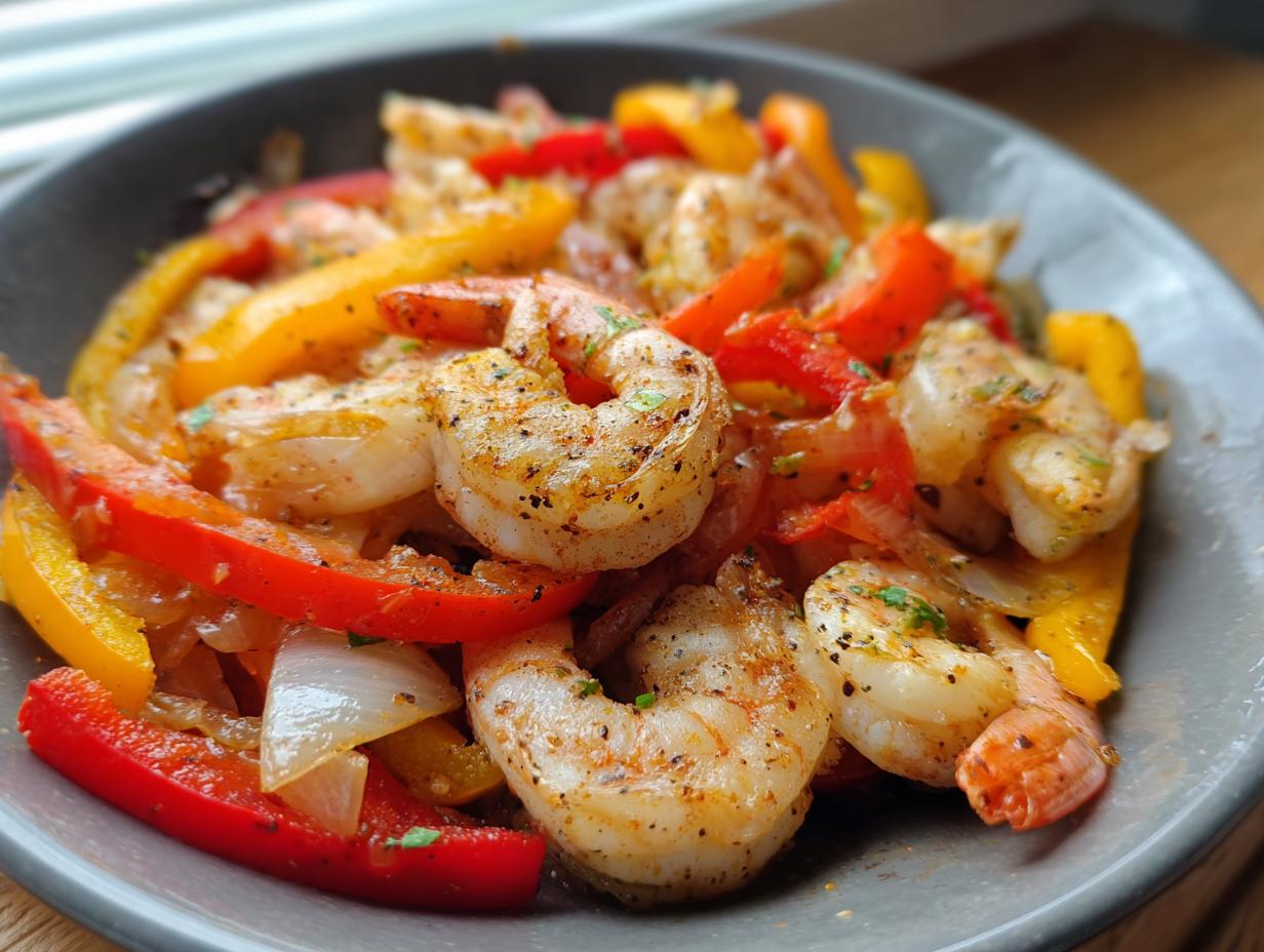 Close-up of perfectly cooked shrimp fajitas featuring seasoned shrimp, red and yellow bell peppers, and onions in a dark bowl.