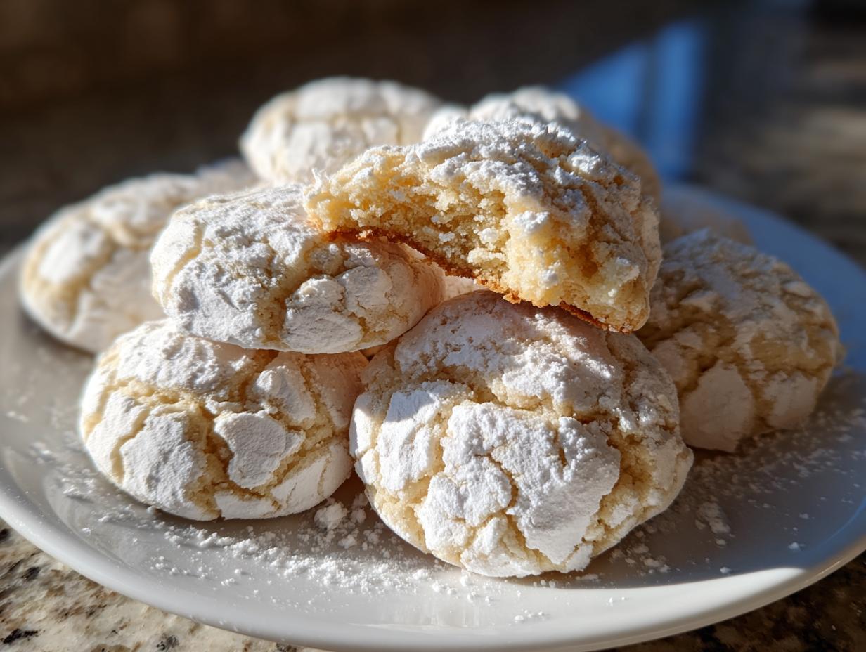 A stack of soft, crinkled cool whip cookies heavily dusted with white powdered sugar on a white plate.