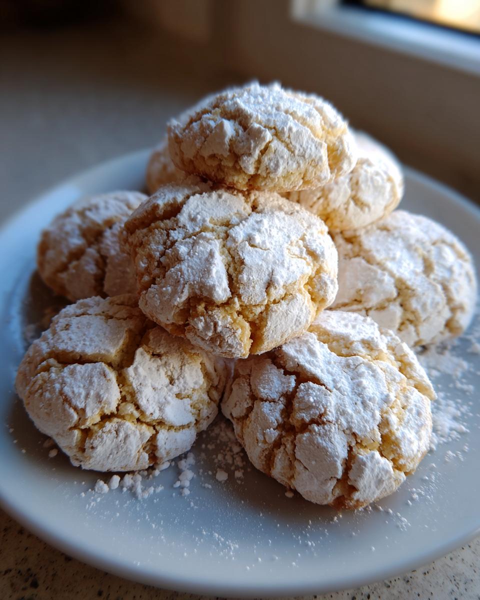 A stack of freshly baked cool whip cookies heavily dusted with powdered sugar, resting on a white plate.