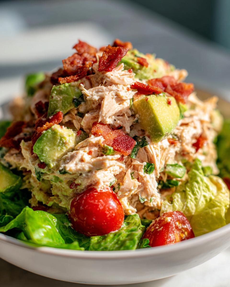 A close-up of a bowl filled with creamy blt chicken salad, topped with chunks of avocado and crispy bacon pieces.