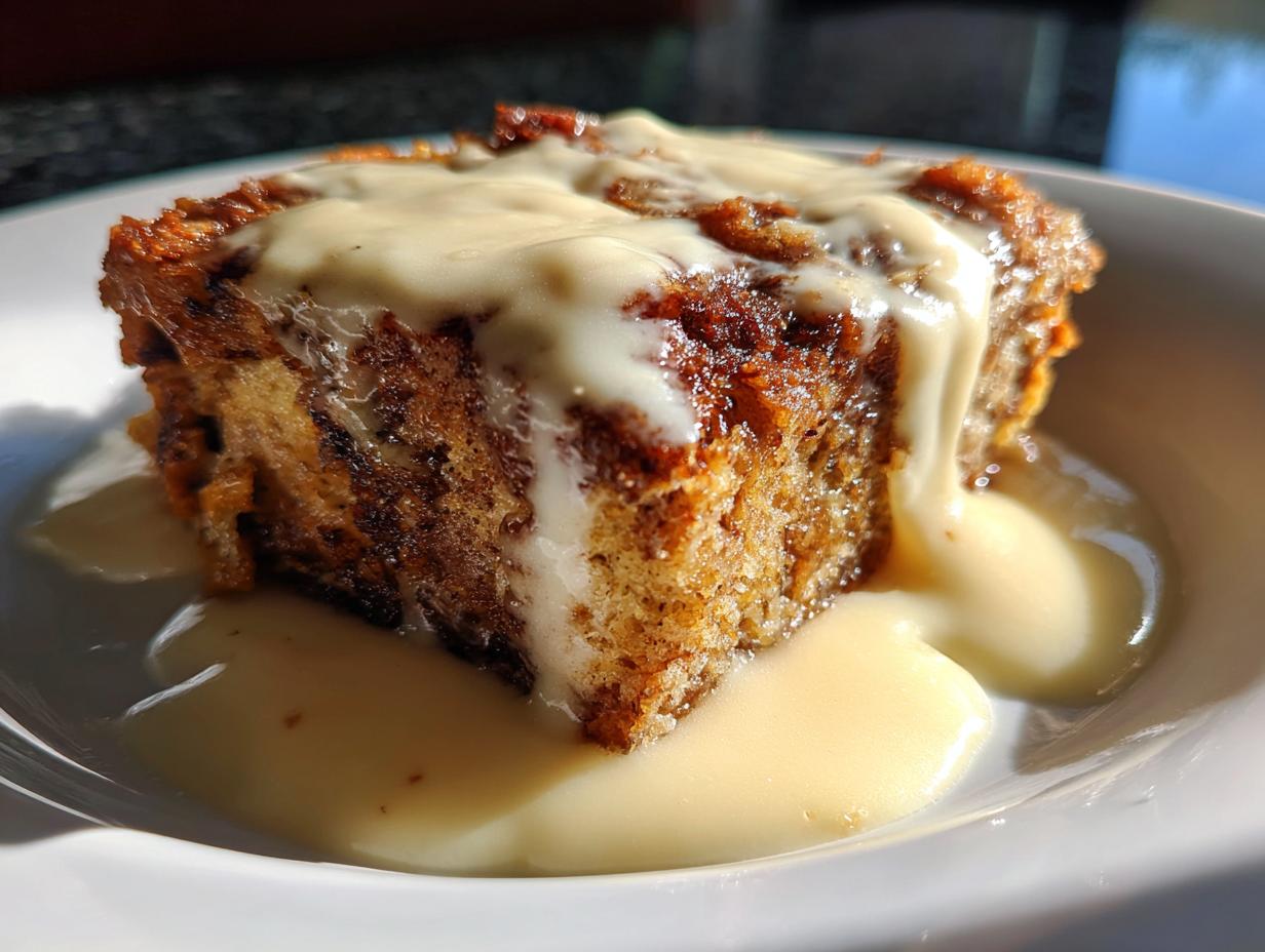 A close-up of a rich, square slice of bread pudding recipe topped with thick vanilla custard sauce.