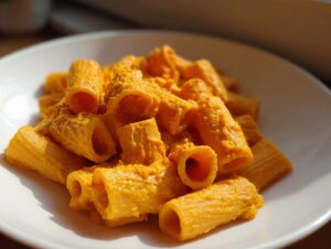 Close-up of rigatoni pasta coated in a thick, creamy orange butternut squash pasta sauce.