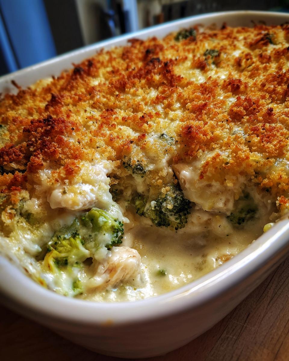 A close-up shot showing a scoop taken out of a creamy Chicken Divan casserole with visible chunks of chicken and broccoli.