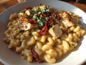 Close-up of creamy chicken pasta featuring elbow macaroni, grilled chicken pieces, sun-dried tomatoes, and fresh basil.