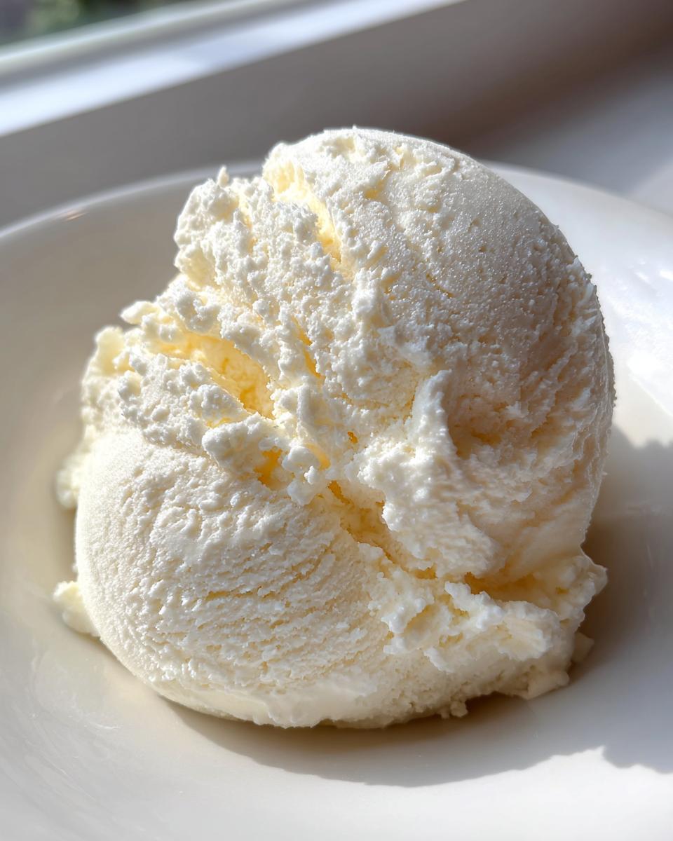 Close-up of a perfectly scooped serving of white, creamy cottage cheese ice cream in a white bowl.