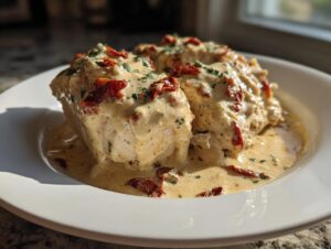 Close-up of three chicken breasts smothered in creamy sauce with sun-dried tomatoes, part of the crockpot marry me chicken recipe.