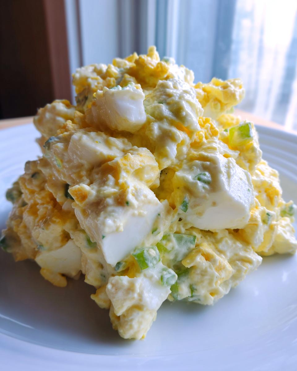 A close-up of a generous serving of creamy egg salad recipe, featuring chunks of white and yellow egg mixed with green celery pieces.
