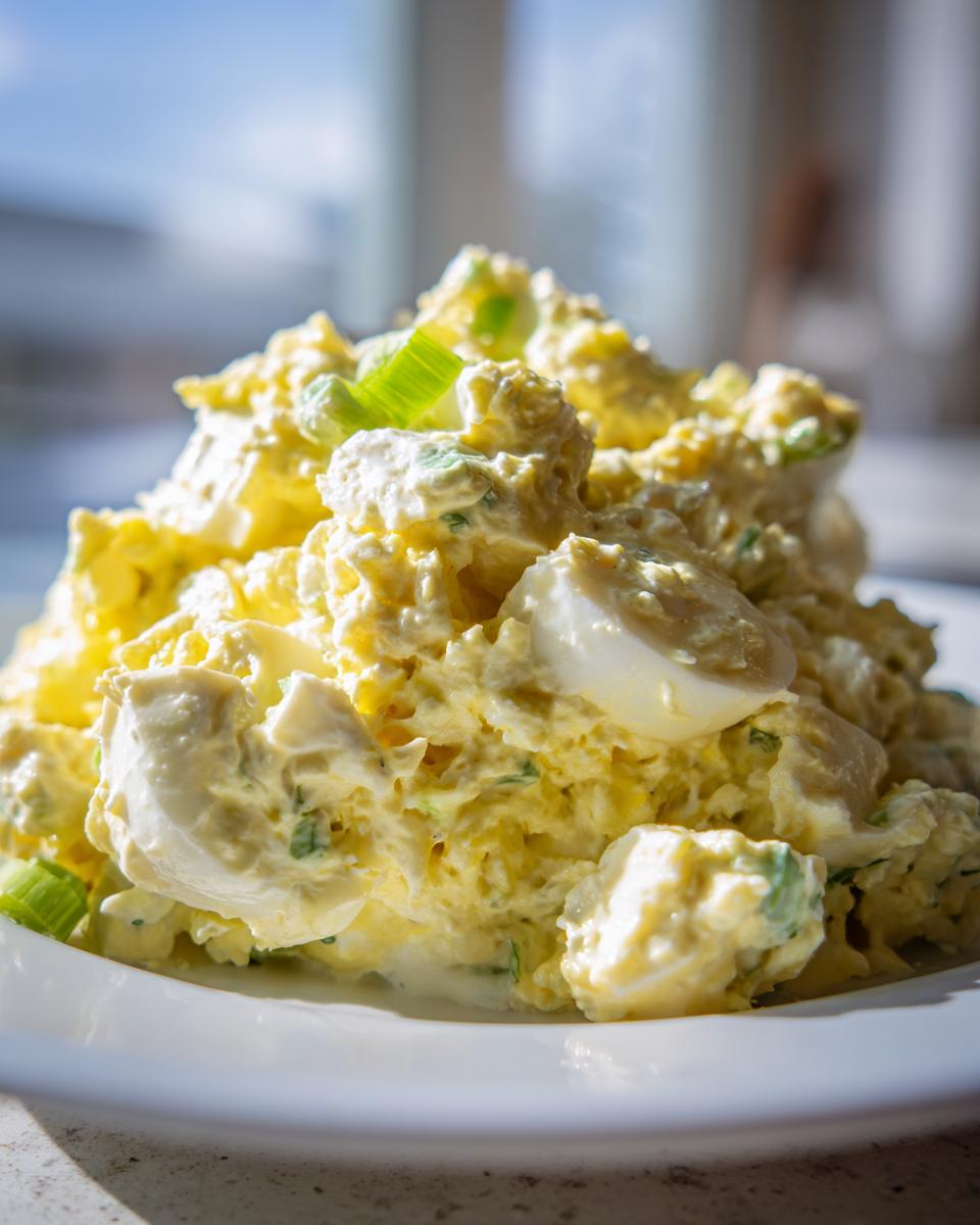 Close-up of a generous mound of creamy egg salad recipe, garnished with green onion slices, on a white plate.