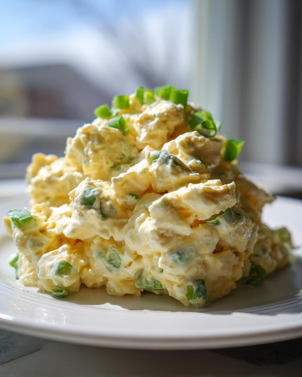 A close-up, bright shot of a generous mound of creamy egg salad recipe garnished with fresh green onions on a white plate.