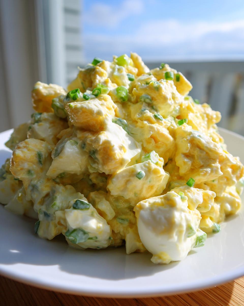 A generous mound of creamy egg salad recipe, featuring chopped eggs and green onions, served on a white plate.
