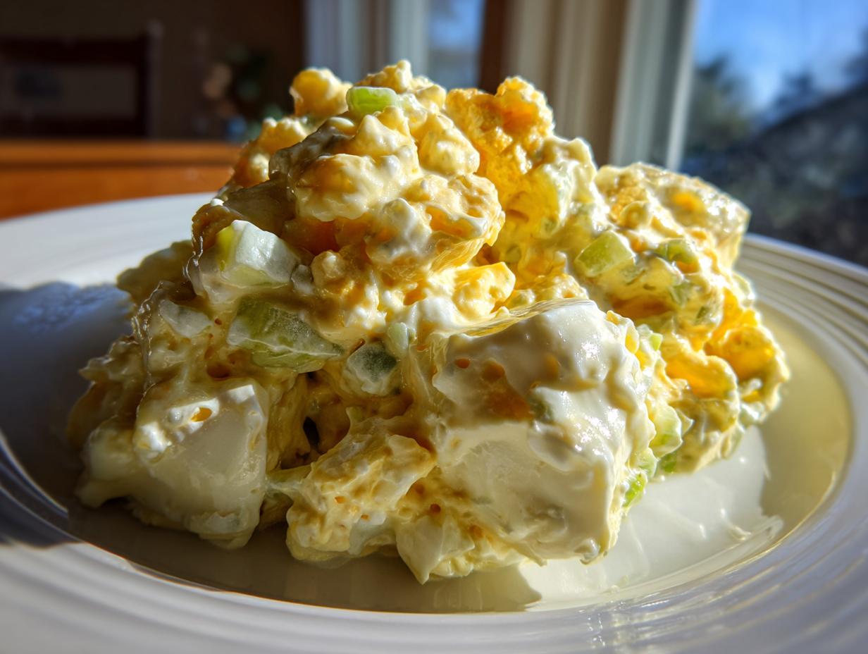 A close-up, sunlit scoop of creamy egg salad recipe with visible chunks of egg and celery on a white plate.
