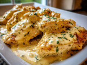 Close-up of seared chicken breasts smothered in creamy garlic parmesan chicken sauce, garnished with parsley.