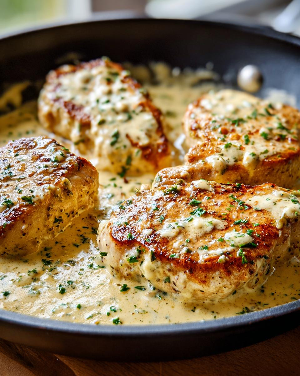 Four seared chicken breasts simmering in a rich, creamy garlic parmesan chicken sauce topped with parsley.