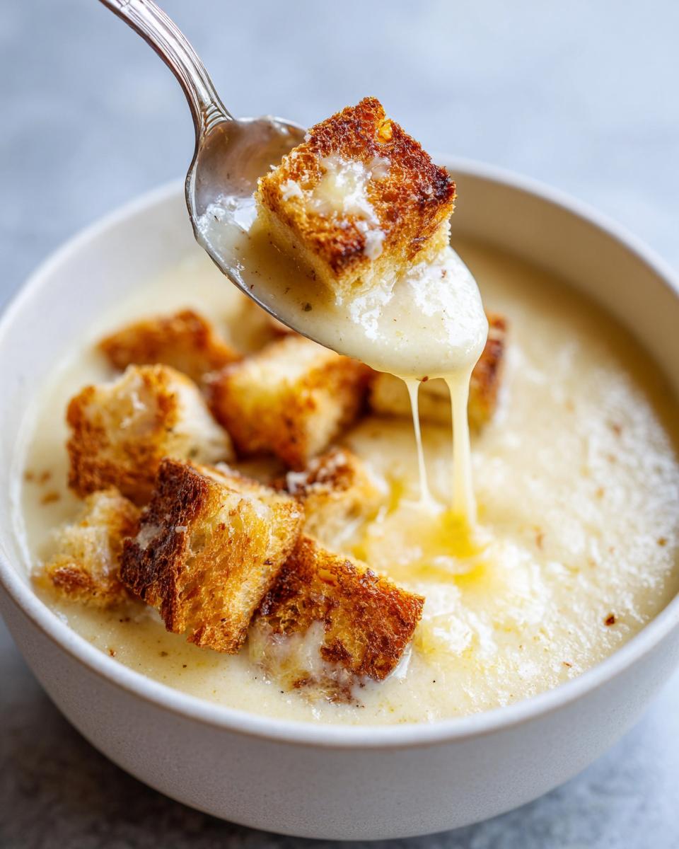 A spoonful of creamy garlic soup dripping with melted cheese and topped with a golden crouton.
