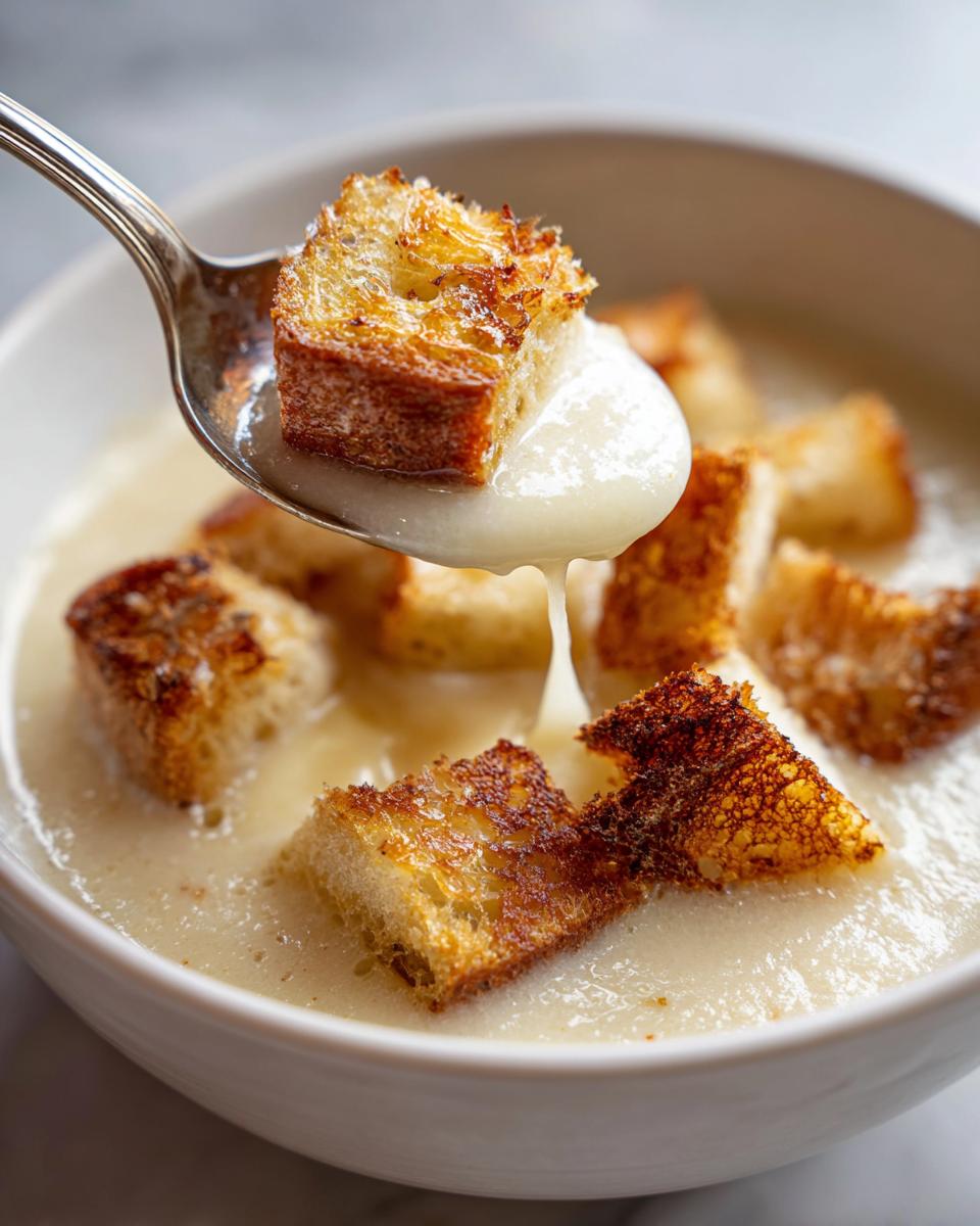 A spoonful of creamy garlic soup dripping over a golden, toasted crouton in a white bowl.