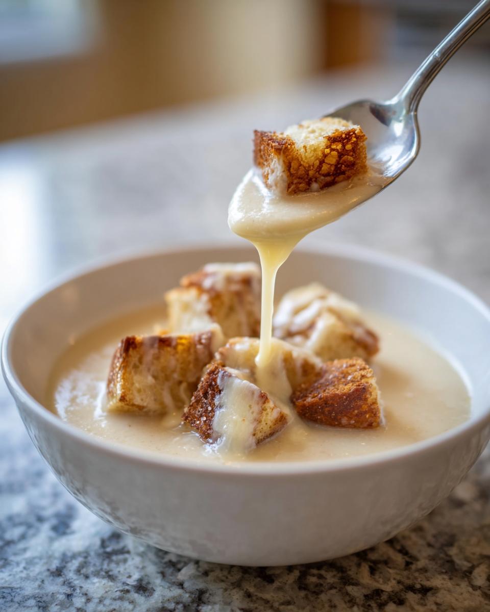 A spoonful of creamy garlic soup dripping back into a white bowl topped with toasted croutons.