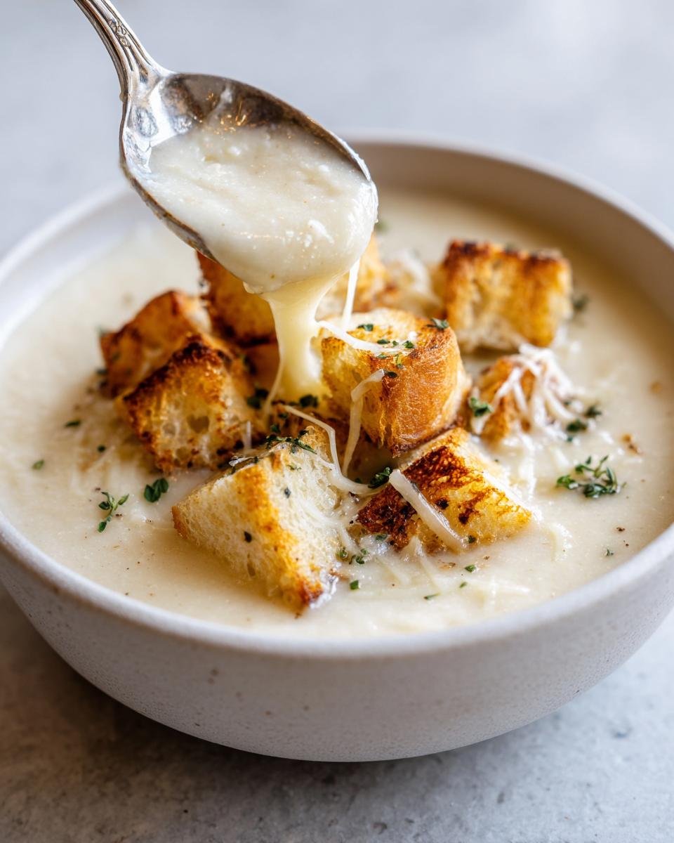 A spoonful of creamy garlic soup dripping back into a bowl topped with golden croutons and shredded cheese.