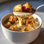 A spoonful of creamy garlic soup dripping back into a white bowl topped with golden, herb-seasoned croutons.