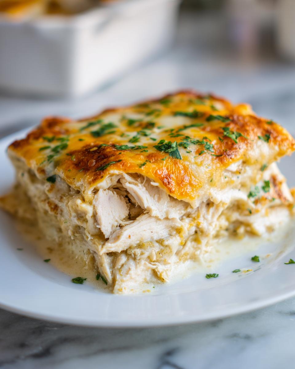 A close-up of a generous serving of creamy green chile chicken enchiladas topped with melted, browned cheese and parsley.
