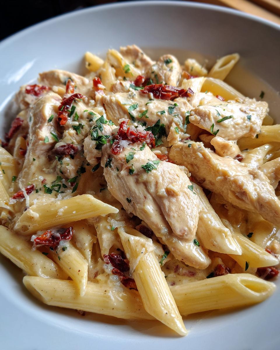 Close-up of creamy marry me chicken pasta featuring penne noodles, sliced chicken, sun-dried tomatoes, and parsley.