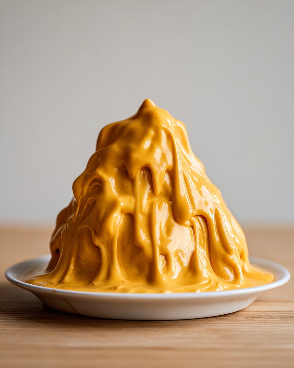 A dramatic, towering mound of bright orange, creamy nacho cheese sauce dripping onto a small white plate.