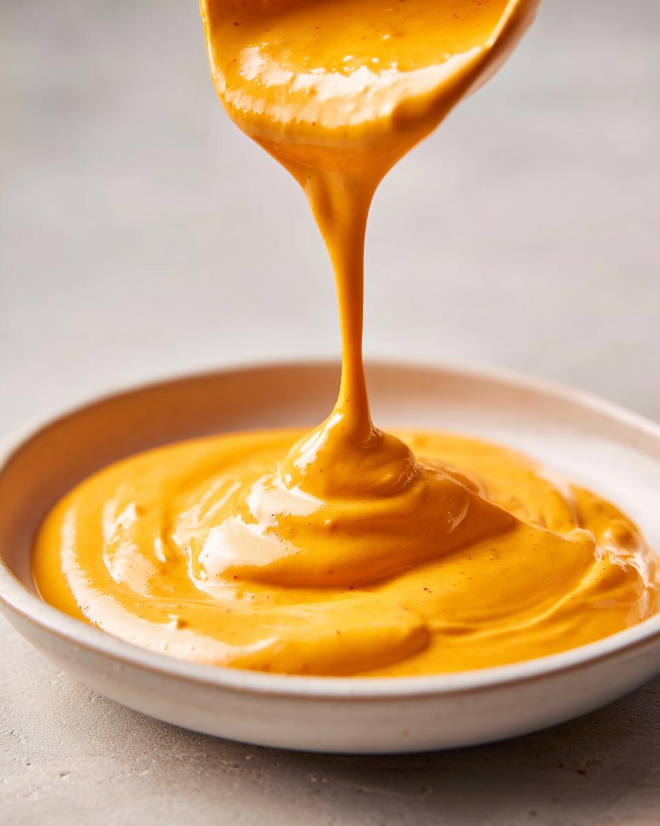 Close-up of thick, vibrant orange nacho cheese sauce being poured from a spoon into a shallow white bowl.