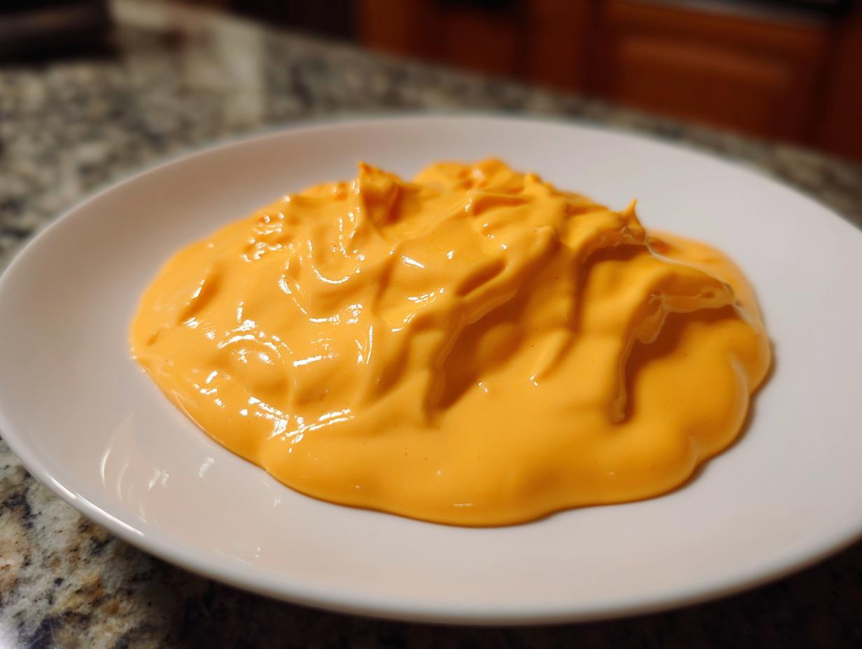 Close-up of thick, bright orange creamy nacho cheese sauce dolloped on a white plate.