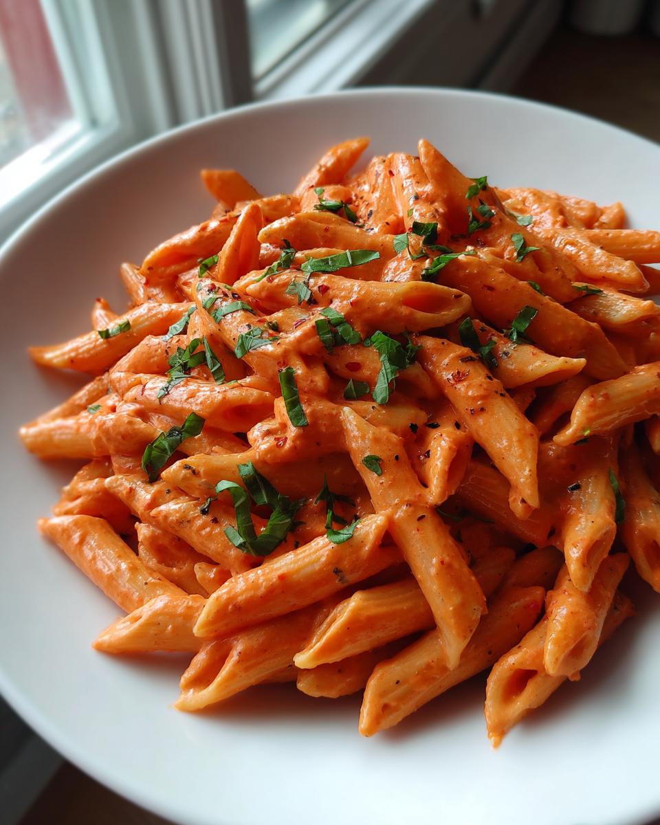 Close-up of penne pasta coated in creamy, orange-hued pink sauce pasta, garnished with fresh herbs.