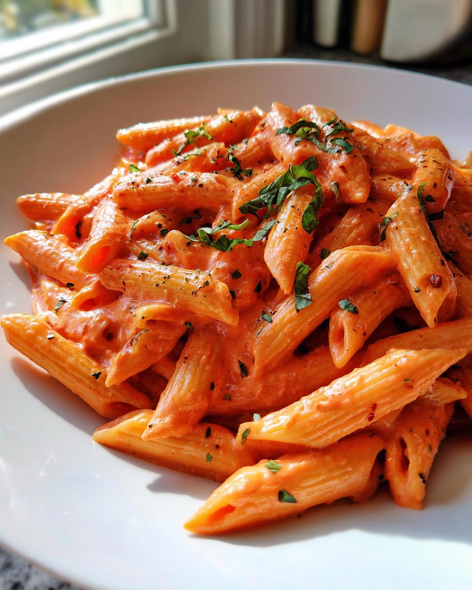 Close-up of penne pasta coated in rich pink sauce pasta, garnished with fresh herbs.