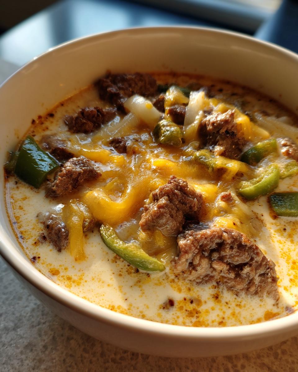 A close-up shot of a bowl of rich philly cheese steak soup topped with ground beef, green peppers, onions, and melted cheddar cheese.