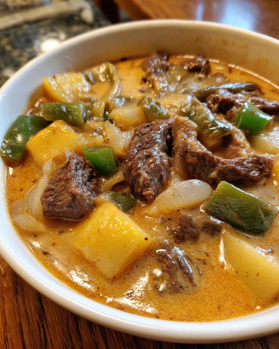 Close-up of a bowl of creamy philly cheese steak soup showing chunks of beef, yellow potatoes, green peppers, and onions.
