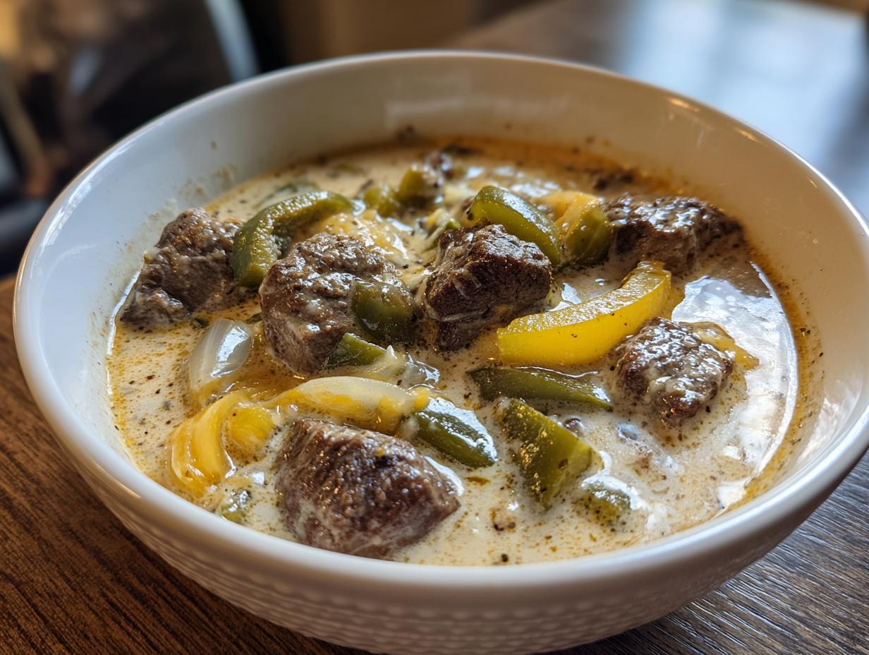 Close-up of a white bowl filled with creamy philly cheese steak soup featuring chunks of beef, green peppers, and yellow onions.