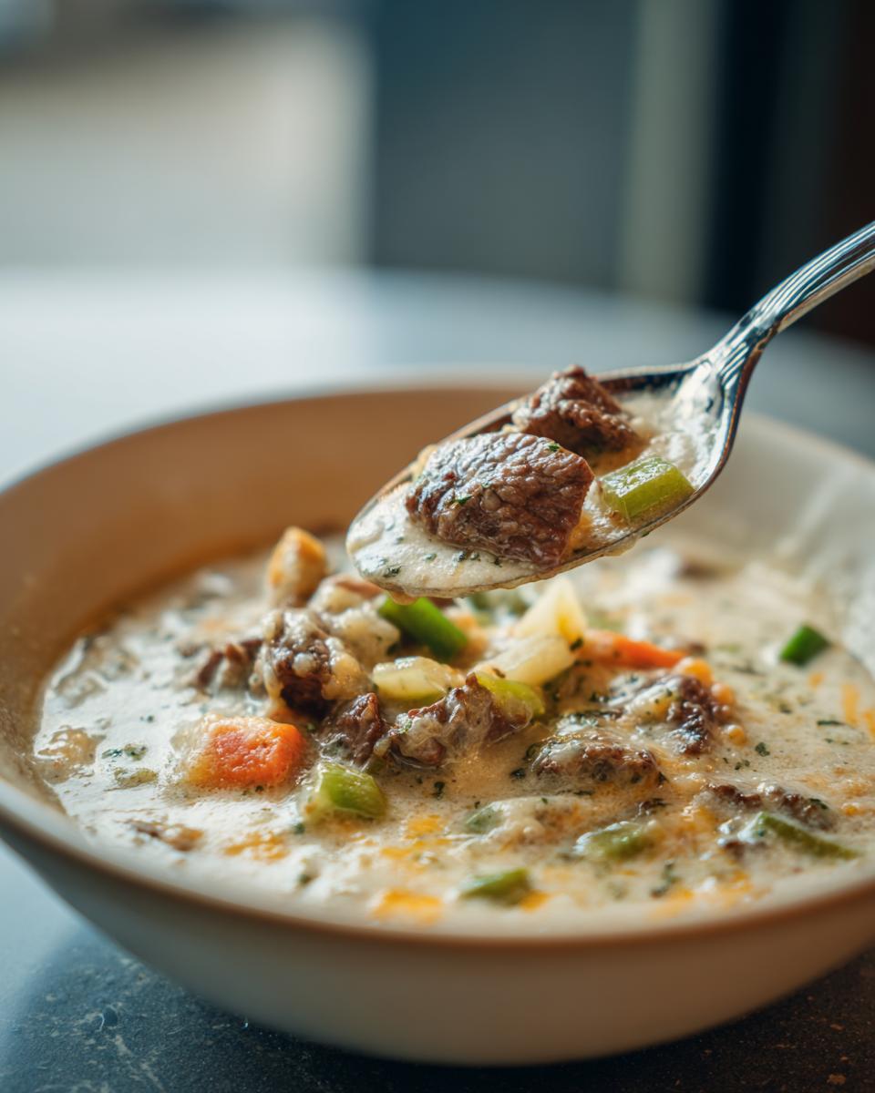 A spoonful lifted from a bowl of creamy philly cheese steak soup, showing chunks of steak and vegetables.