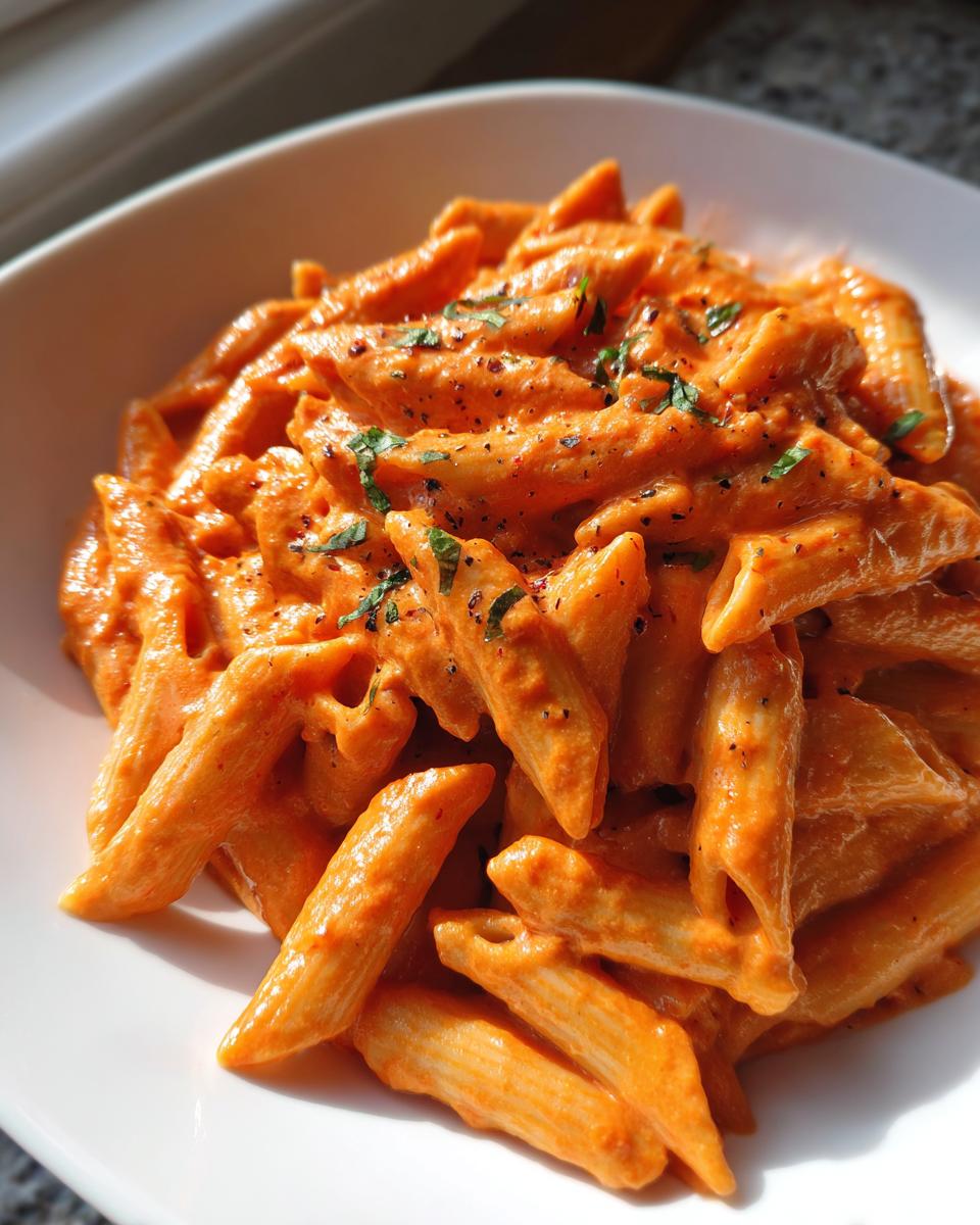 Close-up of penne pasta coated in rich, creamy pink sauce pasta, garnished with herbs.